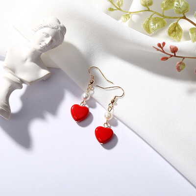 

Women Japanese And Korean Style Fashion Design Sweet Pearl Earrings Red Love Geometric Asymmetrical Peach Heart Earrings