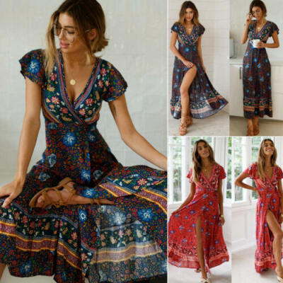 

Women Floral Chiffon Clothes Short Sleeve Vintage Boho Maxi Split Dress Dresses