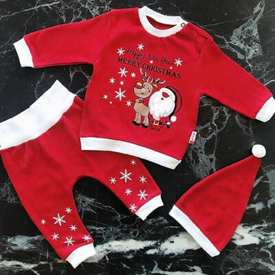 

3PCS Newborn Baby Boy Girl Christmas Santa Claus Clothes Tops T-shirt Pants Hat Outfits Age For 0-18 Months