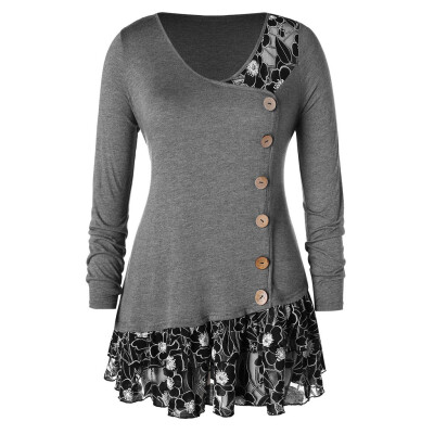 

Roseonmyhand Fashion Womens Plus Size Lace Flounced Buttons V-Neck T-shirt Tops Blouse