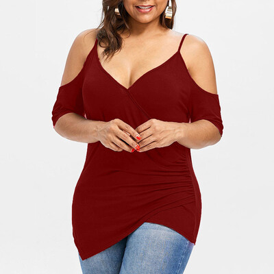 

Roseonmyhand Fashion Womens Plus Size Cutout Asymmetric Cold Shoulder T-shirt V-Neck Tops