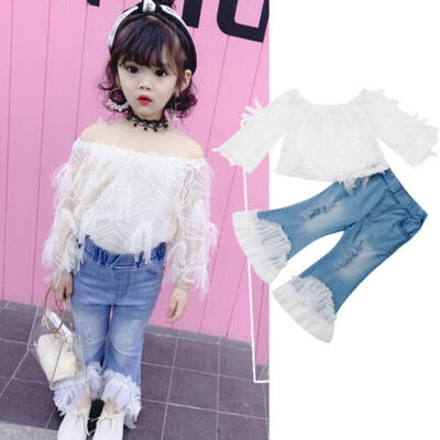 

2PCS Toddler Kid Baby Girls Clothes Off Shoudler TopsDenim Pants Summer Outfits