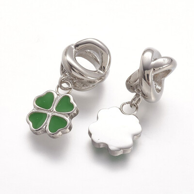

304 Stainless Steel European Dangle Beads with Enamel Four Leaf Clover Green 235mm Hole 5mm