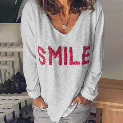 

New Tshirt Smile Letter Embroidery Print Long Sleeve V Neck Pullover Loose Blouse Women Casual Tshirt Tops