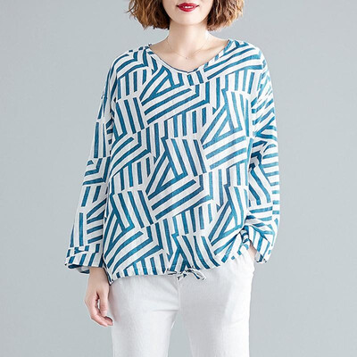 

Women Vintage Loose Blouse Printed Long Sleeves Drawstring Oversized Plus Size Cotton Linen Spring Autumn Casual Tops