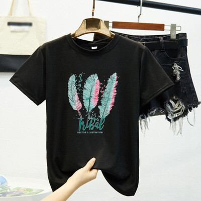 

Womens Casual Round Neck Feather Print Short Sleeve Loose Pullover Simple T-Shirt