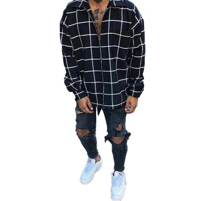 

Men Fashion Plaid Zipper Turndown Collar Tops Casual Shirt Lightweight Thin Jackets Coats