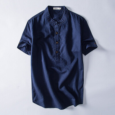 

Toponeto Mens Causal Shirt Short Sleeve Top Button Cotton Linen Solid Color Loose Blouse