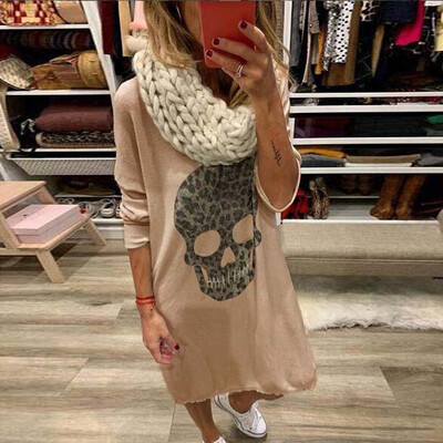 

Tailored Women Autumn Skull Print Solid Color Long Sleeves Loose O Neck Casual Mini Dress
