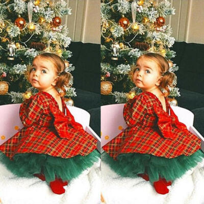 

US Christmas Kids Baby Girls Plaid DressTutu Skirts 2pcs Outfits Set Clothes