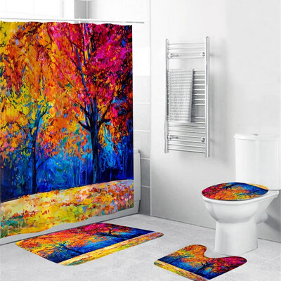 

〖Follure〗Halloween festival 4PCS Non Slip Toilet Polyester Cover Mat Set Bathroom Curtain
