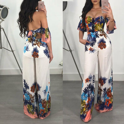 

Ladies Off Shoulder Loose Floral Clubwear V-neck Playsuit Bodysuit Evening Party Cocktail Wide Leg Jumpsuit Romper Trousers