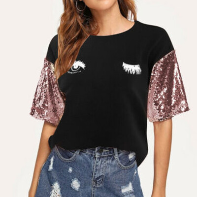 

Women Sequin Short Sleeve Loose T Shirts Ladies Summer Casual Blouse Tops Shirt