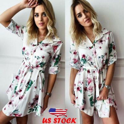 

Women Long Sleeve Casual Floral Print Shirt Dress Short Sleeve Cocktail Dress