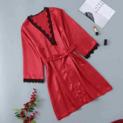 

〖Follure〗New Women Sexy Satin Fashion Lace Patchwork Pajamas Sleepwear Robe Long Sleeve