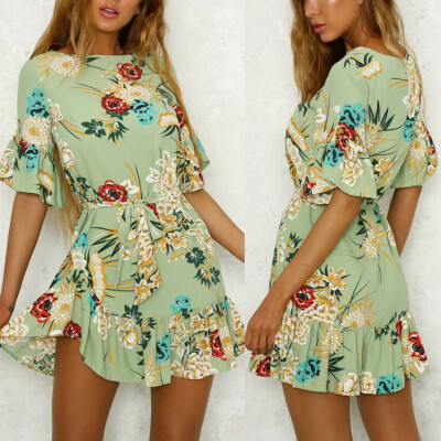 

Women Summer Boho Floral Print Short Mini Dress Evening Cocktail Party Beach Ruffle V Dress Sundress Holiday