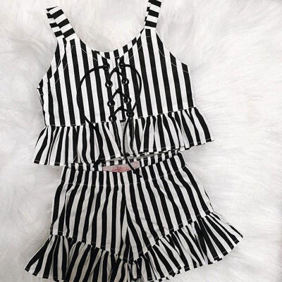 

2pcs Toddler Kid Baby Girl Stipe Clothes Jumpsuit Romper Bodysuit Pants Outfits