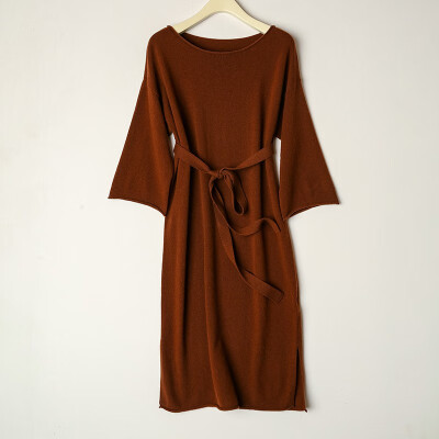 

Card&Geese cashmere sweater solid color round neck new female sweater loose long dress with belt 10540