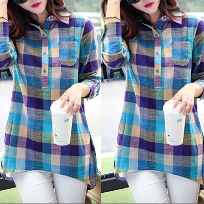 

Nomeni Women Casual Matching Color Long Sleeve Button Loose Plaid Shirt Blouse Top