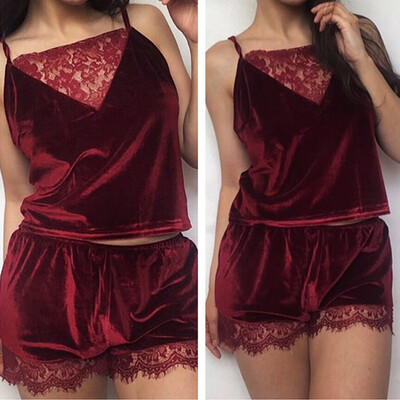 

Women Sling Pajamas Set Solid Color Lace Girls Sleeveless Nightwear Tops Shorts