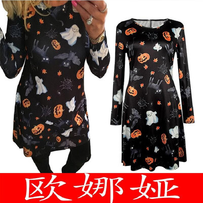 

EBAY Spring&Autumn New Halloween Christmas Pop Europe&America Cartoon Print Long Sleeve Dress 0167 Specials black