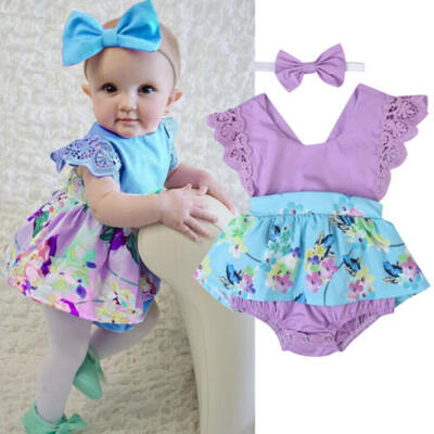 

US 2Pcs Summer Newborn Baby Girl Flower Romper Dress Bodysuit Outfit Clothes Set