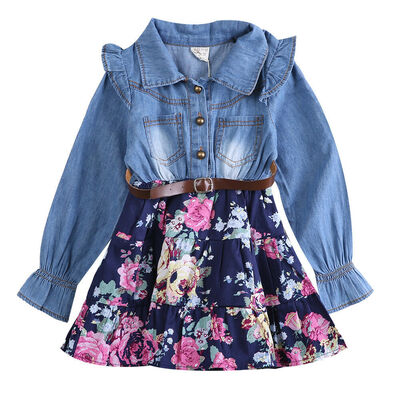 

Toddler Kids Baby Girls Long Sleeve Party Floral Denim Dress Clothes