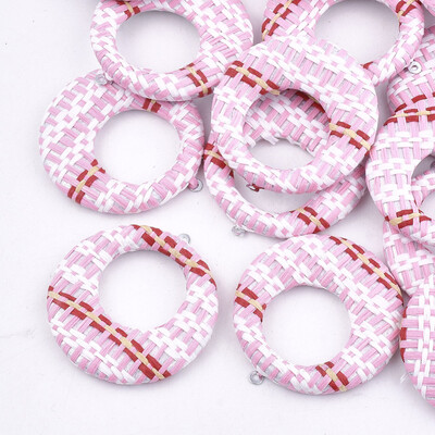 

Handmade Raffia Woven Pendants with Iron & Aluminum Findings Flat Round Platinum Pink 435x405x5mm Hole 12mm