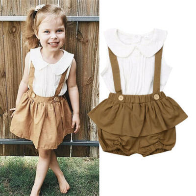 

US Baby Girl 2PCS Outfit Shirt Top Ruffle Suspender Pants Shorts Sunsuit Clothes