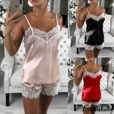 

Women Satin Lace Sleepwear Babydoll Lingerie Nightwear Shorts Pjs Pyjamas Set