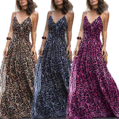 

Plus Size Womens Boho Casual Summer Beach Party Leopard Sundress Long Maxi Dress