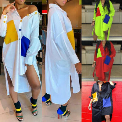 

Women Long Sleeve Lapel Neck Pocket Shirt Dress Buttons Irregular Casual Dress