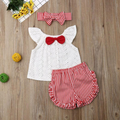 

US Toddler Baby Girls Kids Stripe Tops Pants Headband Ruffle Summer Clothes 3pcs