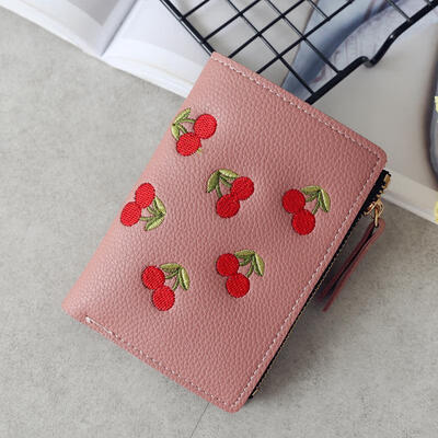 

Womens Short Wallet Vertical Zipper Buckle Purse Cherry Embroidery Small Leather Wallet For Ladies Card Holder