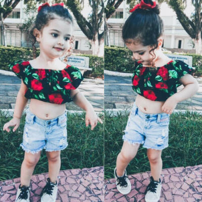 

Summer Toddler Baby Girl Clothes Flower Off Shoulder TopsDenim Short Pants 2Pcs