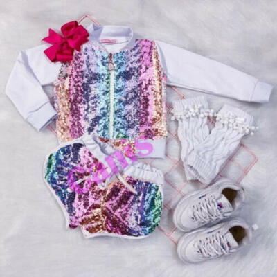 

US Toddler Kid Baby Girl Fall Clothes Sequins Pullover Tops Jacket Shorts Outfit