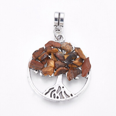 

Alloy European Dangle Beads with Natural Tiger Eye Chips Flat Round with Tree Antique Silver 38mm Hole 4mm 28x25x45mm