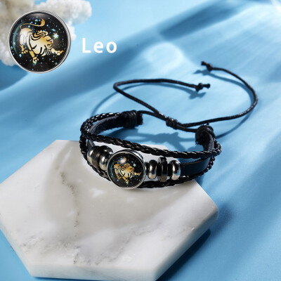 

12 Constellations Punk Leather Zodiac Sign Beads Bangle Bracelets For Women Men Jewelry Travel Bracelets Holiday Gift