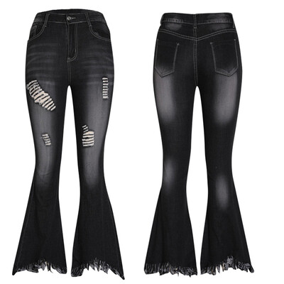 

Tailored Fashion Women Seasons Casual Holed Whitening Fringed Jeans Bell-bottoms Pants