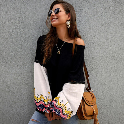 

Loose Sweater Women\s Simple Lantern Sleeve Knit Stitching Embroidery Lace Fashion Autumn Loose Round Neck Female Sweater