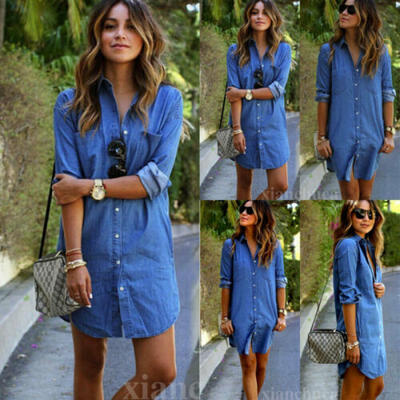

UK Womens Longline Denim Shirt Dress Ladies Jean Dresses Size 6 8 10 12 14 Blue