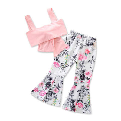 

Cute Girls Sleeveless Tops Flower Print Bell Bottom Pants Kids Clothes Set