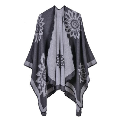 

Women Poncho Cardigan Sweater Contrast Color Block Floral Print Cashmere Capes Shawl Scarf Outerwear