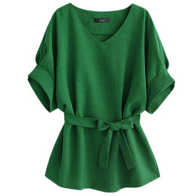 

Women Female Linen V-neck T-shirt Good Selling Short Batwing Sleeve Stylish Lose T-shirts