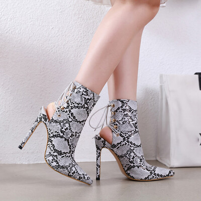 

Rose Women Snake Print Shoes Pumps Toe Pointed-Toe High Heel Rear Lace-Up Booties