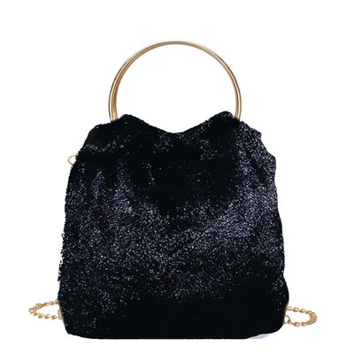 

Fashion Solid Color Plush Metal Ring Shoulder Strap Party Handbag Bucket Bag