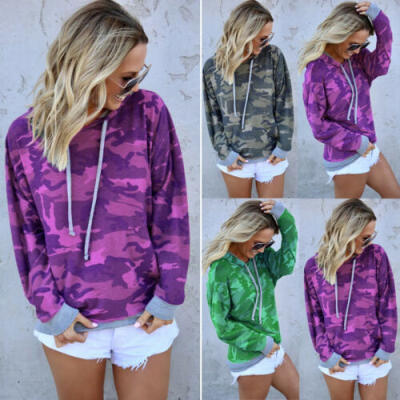 

Women Camo Sweatshirt Hoodie Pullover Hoody Cotton Plain Design Jumper Casual