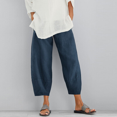 

Tailored Women Casual Solid Cotton Pants Trousers Elastic Band Loose Wide Leg Pants