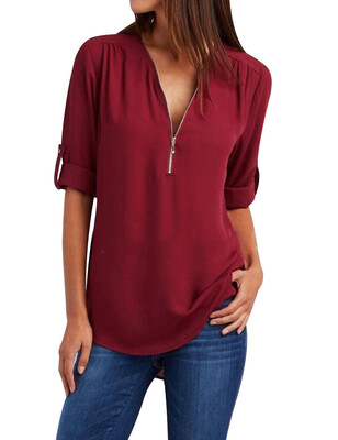 

Women Tops Casual Street Half Sleeve V-Neck Blouse Loose Plus Size Zipper Chiffon Blouse Shirts