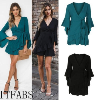 

Sexy Women Summer Short Dress Ruffle Bell Sleeve Evening Party Beach Dresses Sundress